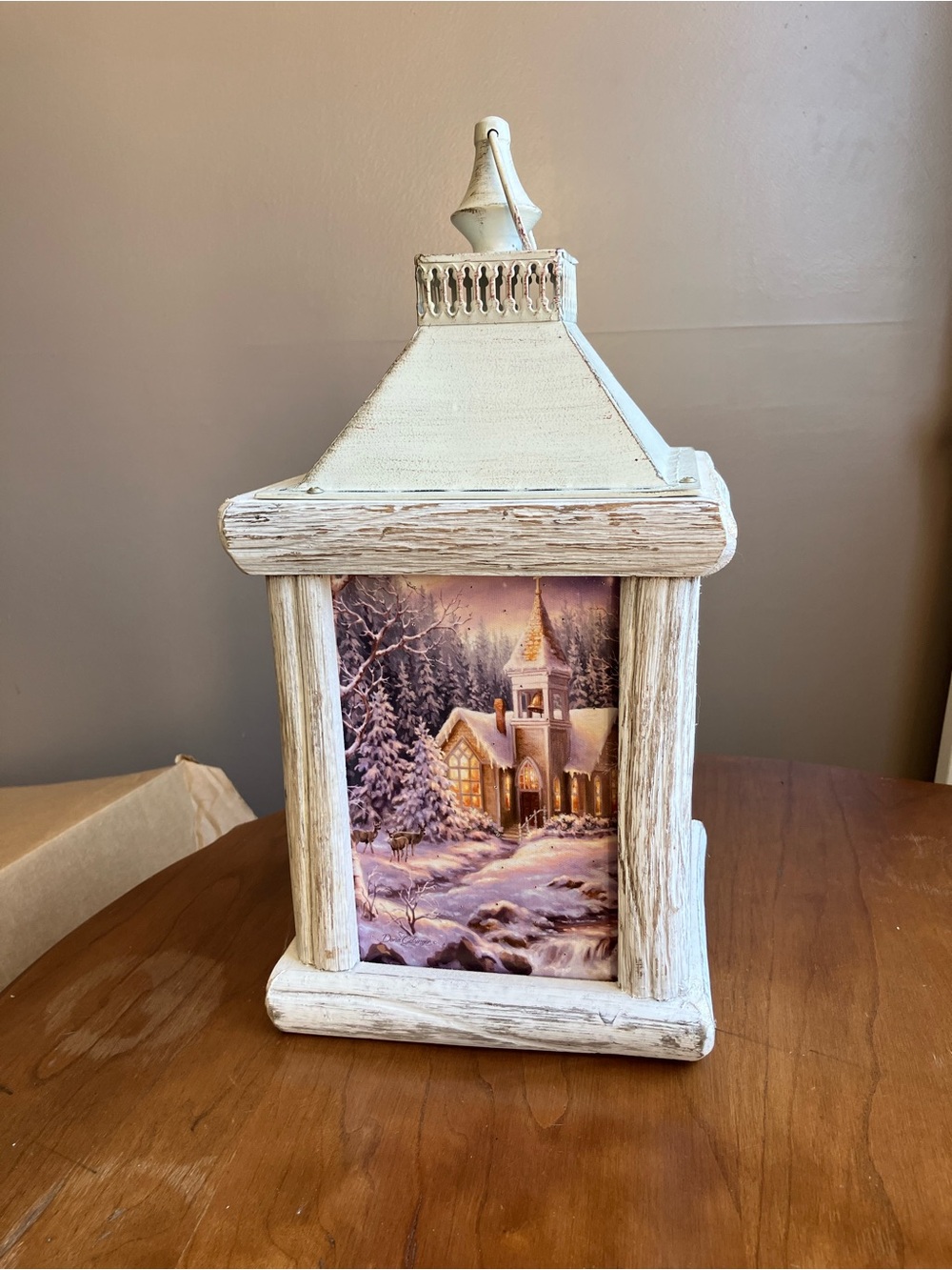 Rustic White light up Lantern with Winter Chapel Scene